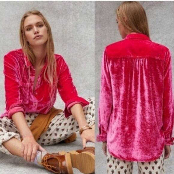Pilcro Anthropologie Mara Relaxed Fit Velvet Blouse Button Front Hot Pink 8P